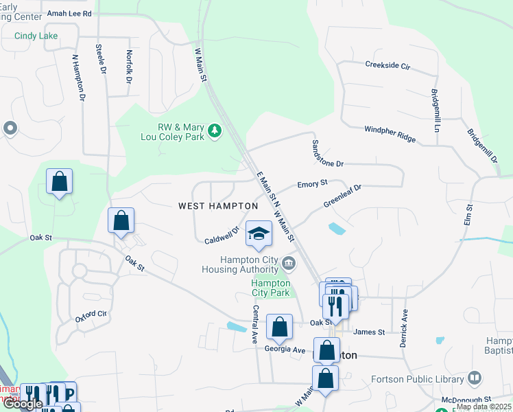 map of restaurants, bars, coffee shops, grocery stores, and more near 185 Caldwell Drive in Hampton