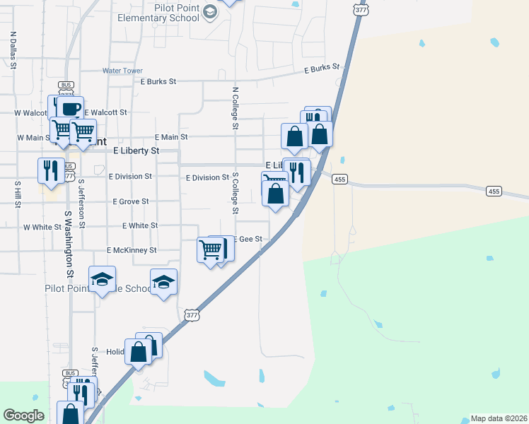 map of restaurants, bars, coffee shops, grocery stores, and more near 440 Roberts Ct in Pilot Point