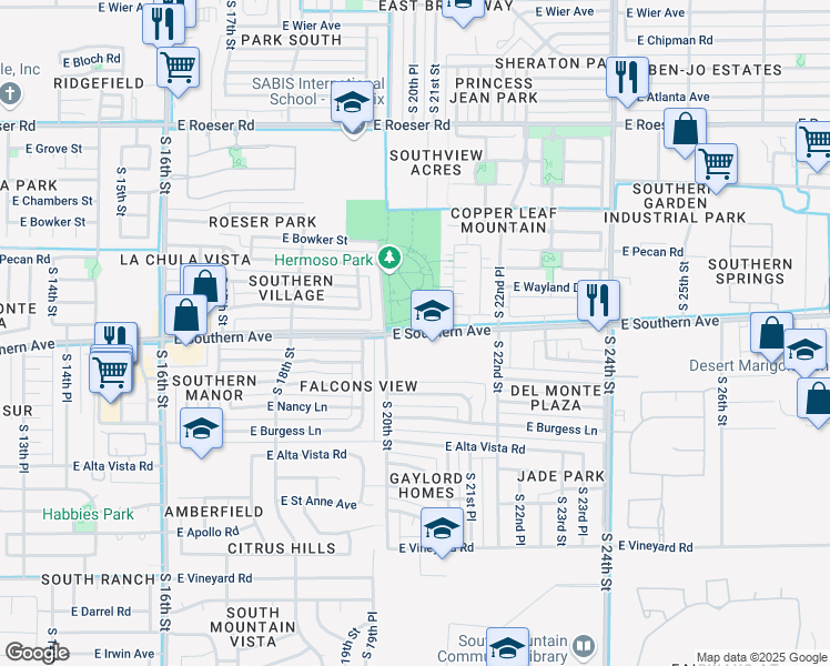 map of restaurants, bars, coffee shops, grocery stores, and more near 2033 East Southern Avenue in Phoenix