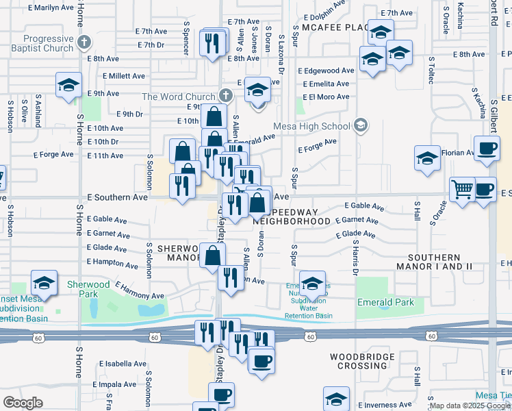 map of restaurants, bars, coffee shops, grocery stores, and more near 1216 South Doran in Mesa