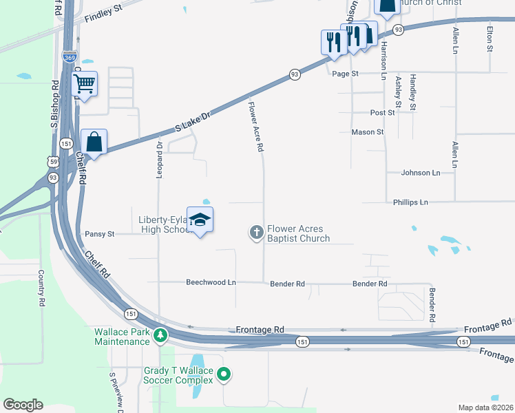 map of restaurants, bars, coffee shops, grocery stores, and more near 2806 Flower Acre Road in Texarkana