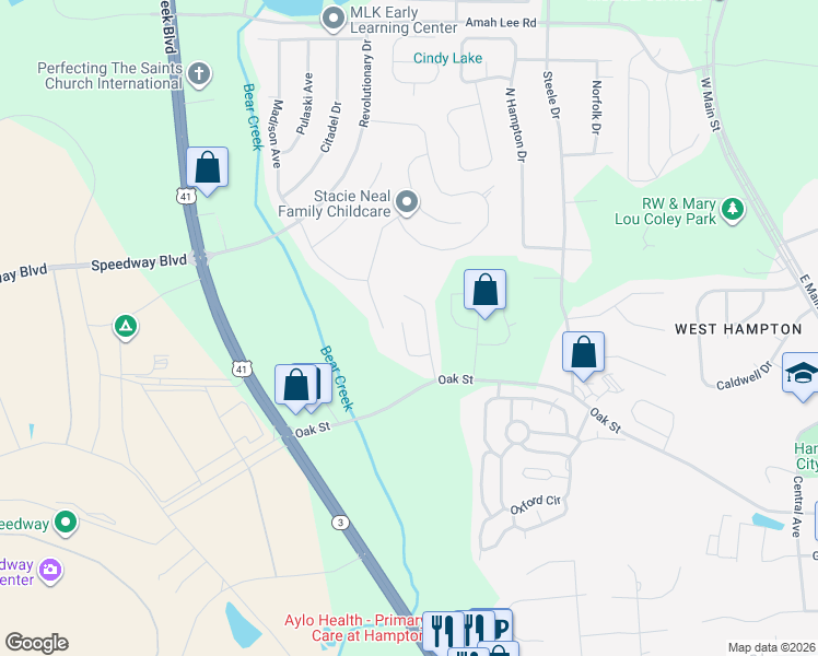 map of restaurants, bars, coffee shops, grocery stores, and more near 1152 Oak Hollow Court in Hampton