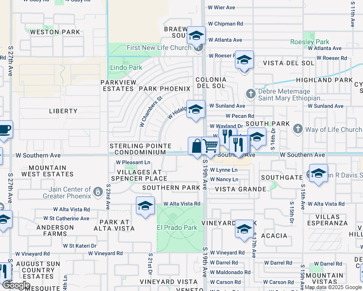 map of restaurants, bars, coffee shops, grocery stores, and more near 2002 West Southern Avenue in Phoenix