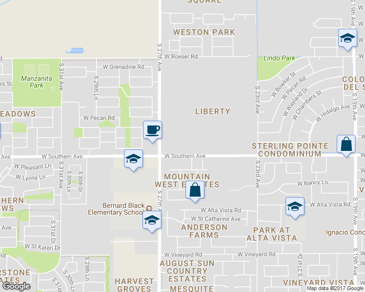 map of restaurants, bars, coffee shops, grocery stores, and more near 2610 West Kowalsky Lane in Phoenix