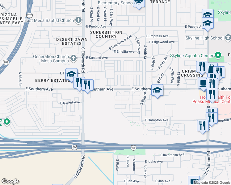 map of restaurants, bars, coffee shops, grocery stores, and more near 9351 East Southern Avenue in Mesa