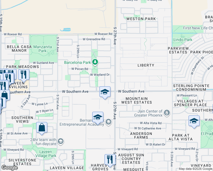 map of restaurants, bars, coffee shops, grocery stores, and more near 5907 South 27th Lane in Phoenix