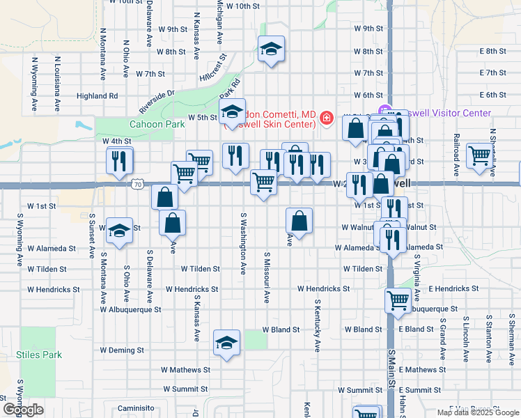 map of restaurants, bars, coffee shops, grocery stores, and more near 100 South Missouri Avenue in Roswell