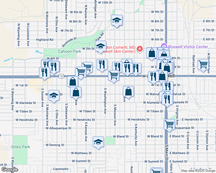 map of restaurants, bars, coffee shops, grocery stores, and more near 608 West 1st Street in Roswell