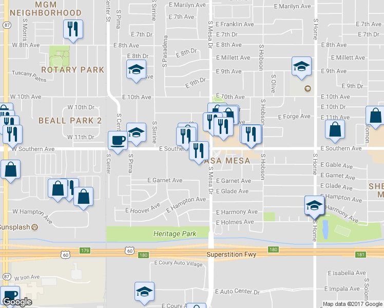 map of restaurants, bars, coffee shops, grocery stores, and more near 255 East Southern Avenue in Mesa