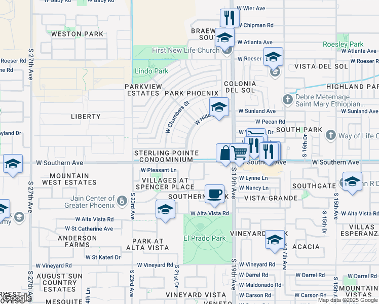 map of restaurants, bars, coffee shops, grocery stores, and more near 2137 West Hidalgo Avenue in Phoenix