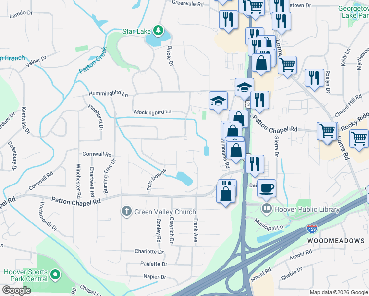 map of restaurants, bars, coffee shops, grocery stores, and more near 3501 Polo Parc Court in Birmingham