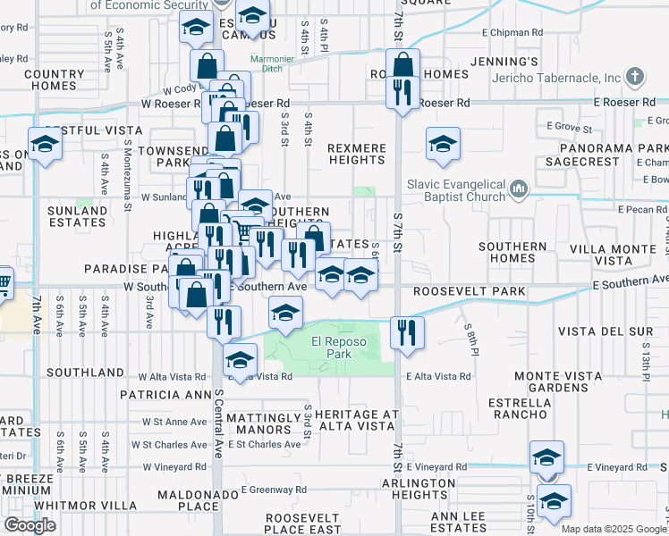 map of restaurants, bars, coffee shops, grocery stores, and more near 438 East Southern Avenue in Phoenix