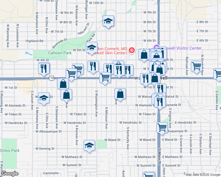 map of restaurants, bars, coffee shops, grocery stores, and more near 100 South Missouri Avenue in Roswell
