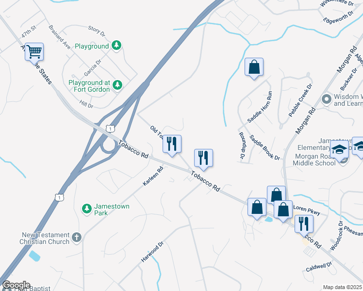 map of restaurants, bars, coffee shops, grocery stores, and more near 2919 Tobacco Road in Hephzibah