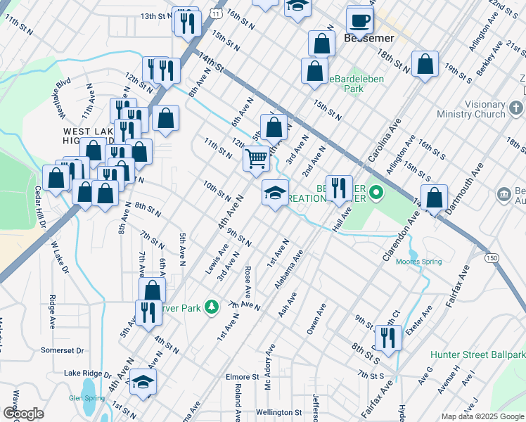 map of restaurants, bars, coffee shops, grocery stores, and more near 1011 3rd Avenue North in Bessemer
