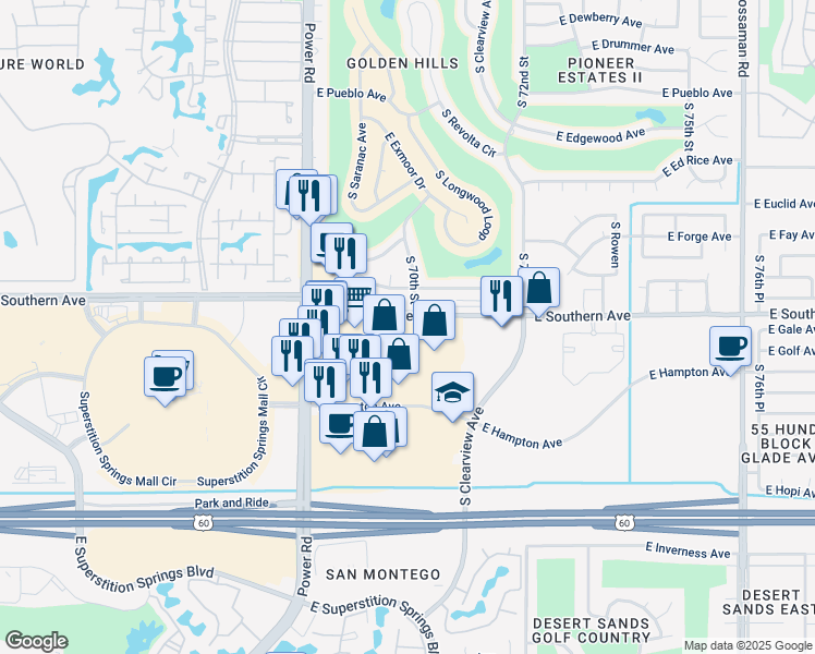 map of restaurants, bars, coffee shops, grocery stores, and more near 6951 East Southern Avenue in Mesa