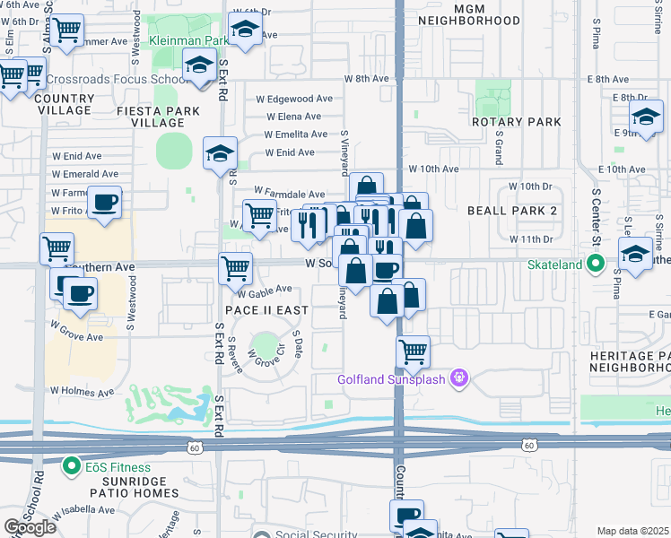 map of restaurants, bars, coffee shops, grocery stores, and more near 525 West Southern Avenue in Mesa