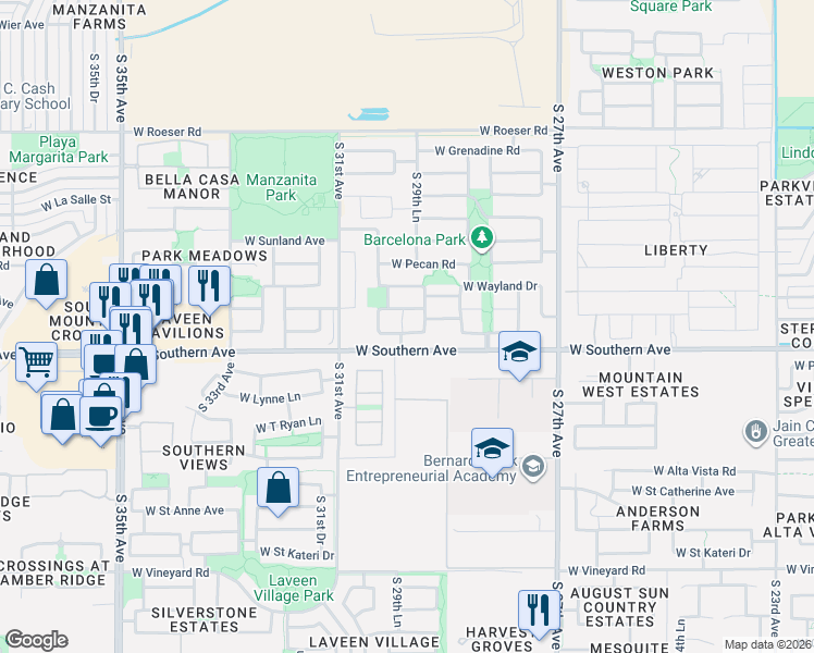 map of restaurants, bars, coffee shops, grocery stores, and more near 2918 West Kowalsky Lane in Phoenix