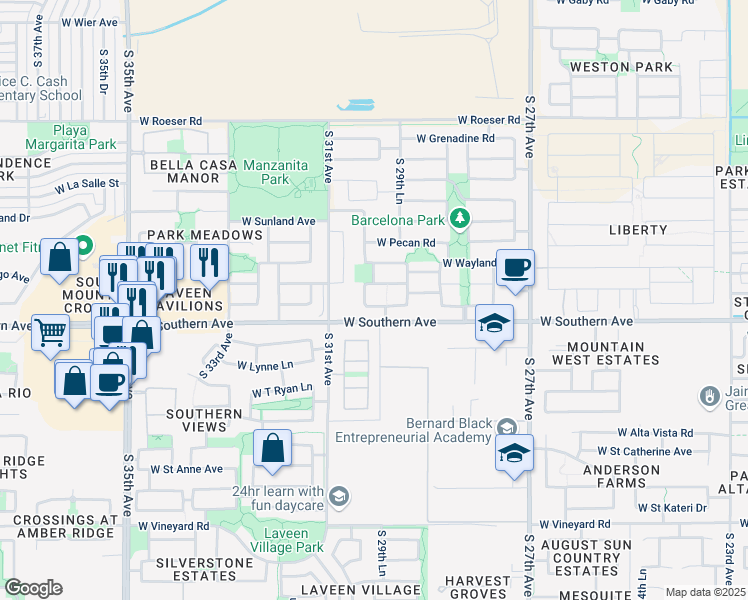 map of restaurants, bars, coffee shops, grocery stores, and more near 3016 West Kowalsky Lane in Phoenix