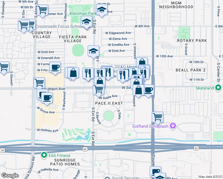 map of restaurants, bars, coffee shops, grocery stores, and more near 661 West Southern Avenue in Mesa