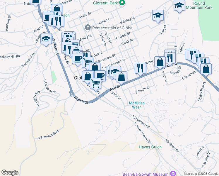 map of restaurants, bars, coffee shops, grocery stores, and more near 443 South Devereaux Street in Globe