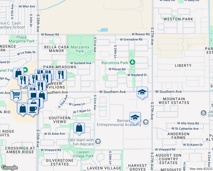 map of restaurants, bars, coffee shops, grocery stores, and more near 3016 W Kowalsky Ln in Phoenix