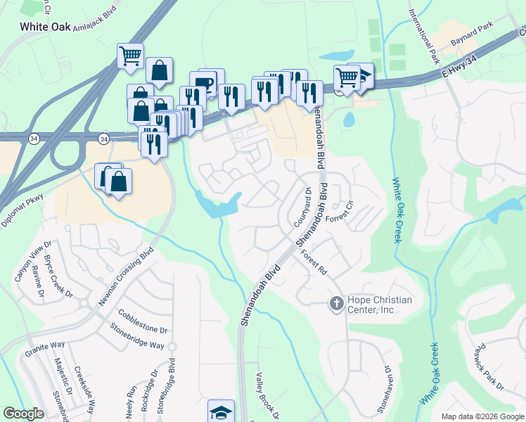 map of restaurants, bars, coffee shops, grocery stores, and more near 2500 Lakeside Way in Newnan