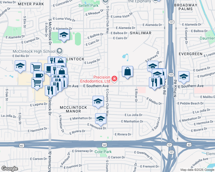 map of restaurants, bars, coffee shops, grocery stores, and more near E Southern Ave & S Country Club Way in Tempe