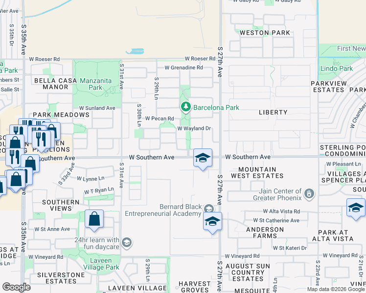 map of restaurants, bars, coffee shops, grocery stores, and more near 2748 West Kowalsky Lane in Phoenix