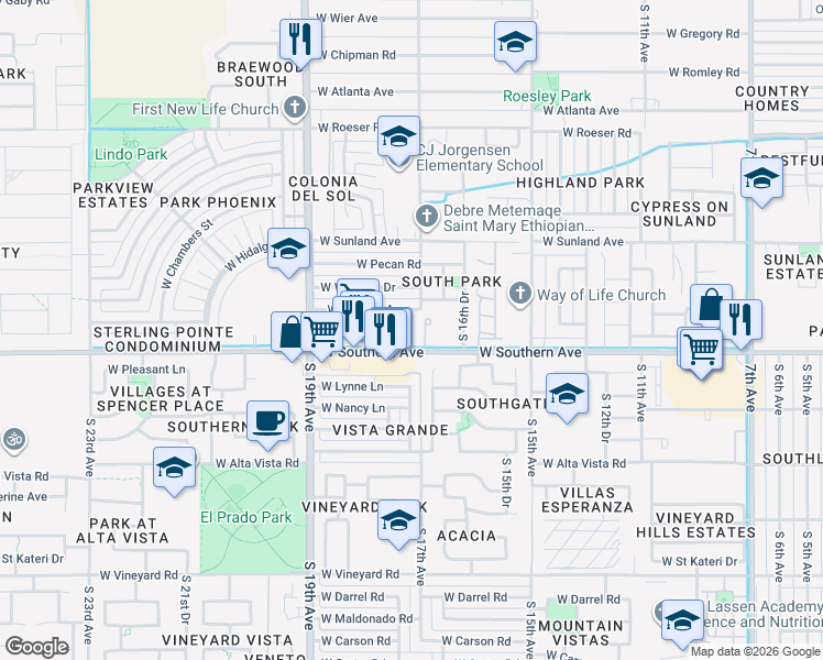 map of restaurants, bars, coffee shops, grocery stores, and more near 1702 West Southern Avenue in Phoenix