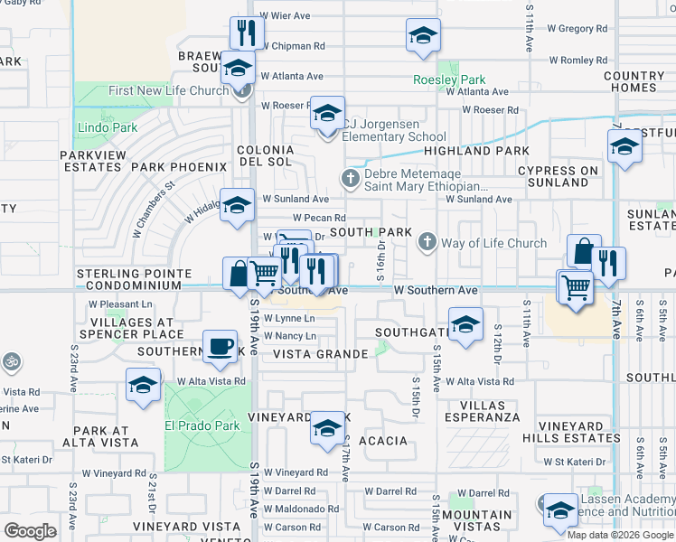 map of restaurants, bars, coffee shops, grocery stores, and more near 1702 West Southern Avenue in Phoenix