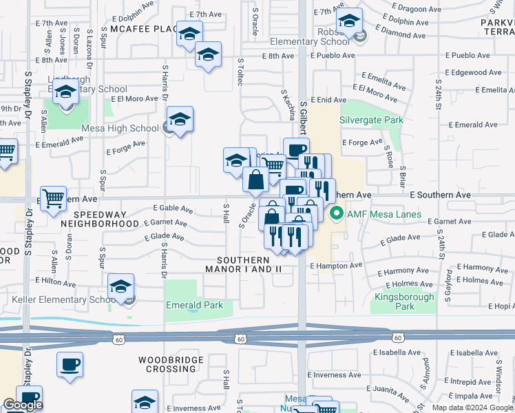 map of restaurants, bars, coffee shops, grocery stores, and more near 1230 South Gilbert Road in Mesa