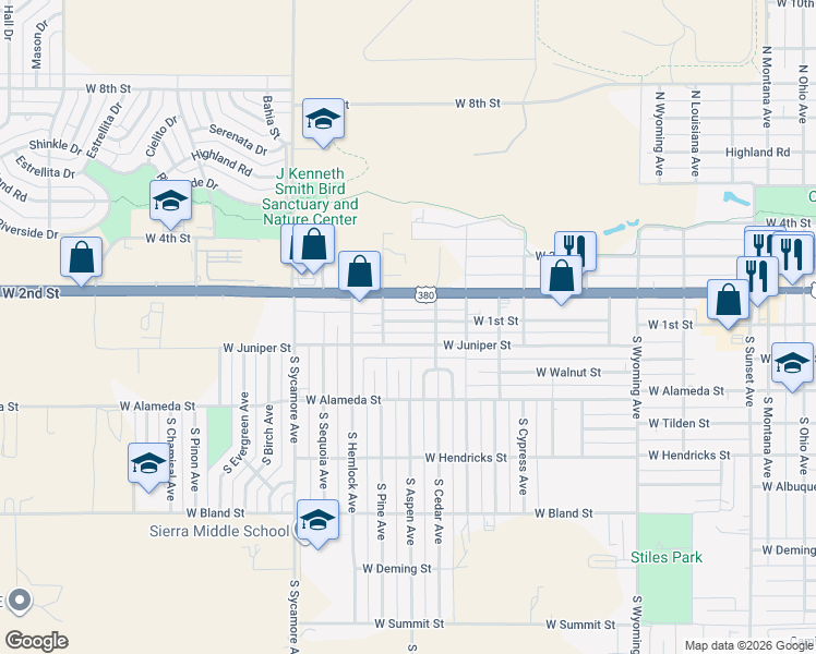 map of restaurants, bars, coffee shops, grocery stores, and more near 2108 West 1st Street in Roswell