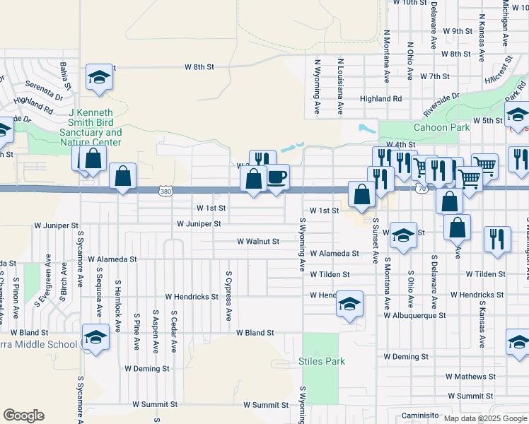 map of restaurants, bars, coffee shops, grocery stores, and more near 1704 West 1st Street in Roswell