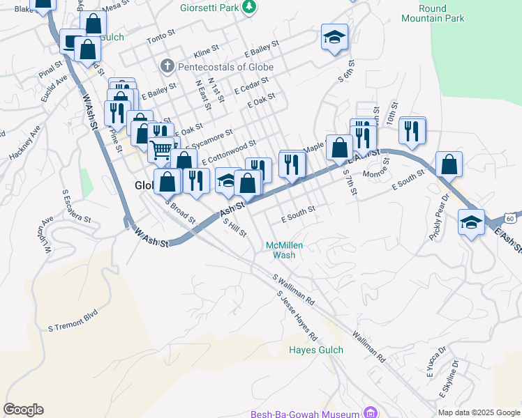 map of restaurants, bars, coffee shops, grocery stores, and more near 721 Monroe Street in Globe