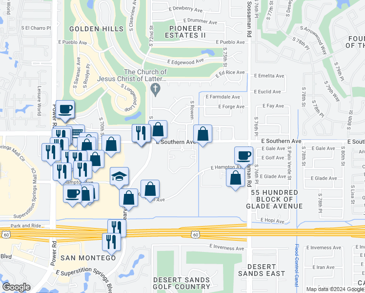 map of restaurants, bars, coffee shops, grocery stores, and more near 7311 East Southern Avenue in Mesa