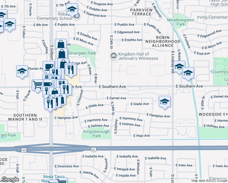map of restaurants, bars, coffee shops, grocery stores, and more near 2345 East Southern Avenue in Mesa