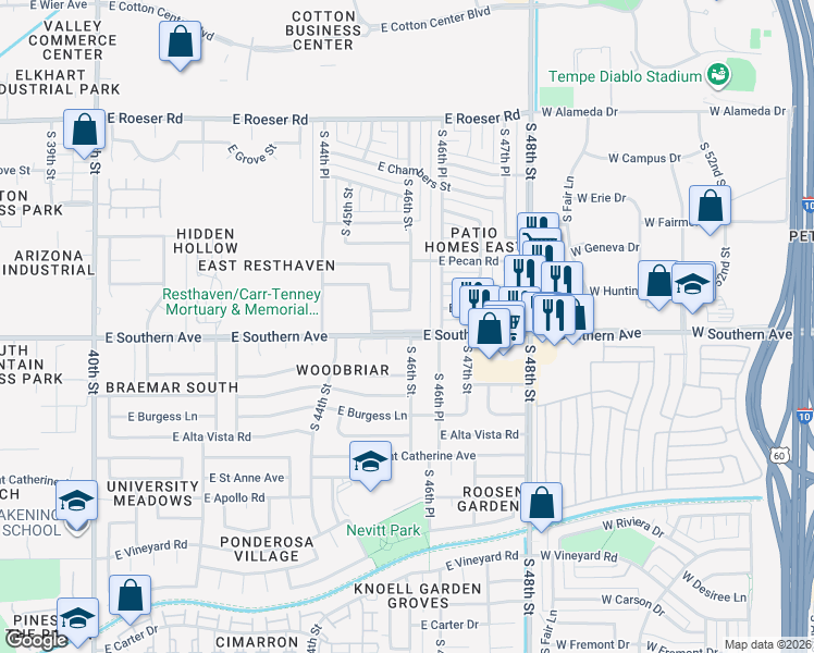 map of restaurants, bars, coffee shops, grocery stores, and more near 4608 East Southern Avenue in Phoenix