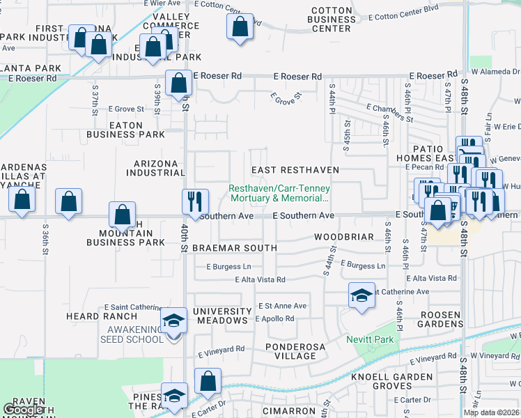 map of restaurants, bars, coffee shops, grocery stores, and more near 4157 East Huntington Drive in Phoenix