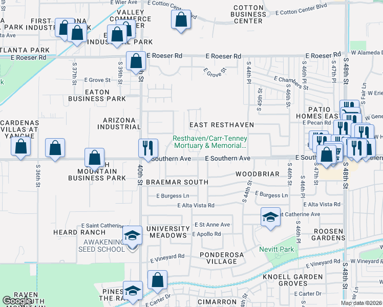 map of restaurants, bars, coffee shops, grocery stores, and more near 4157 East Huntington Drive in Phoenix