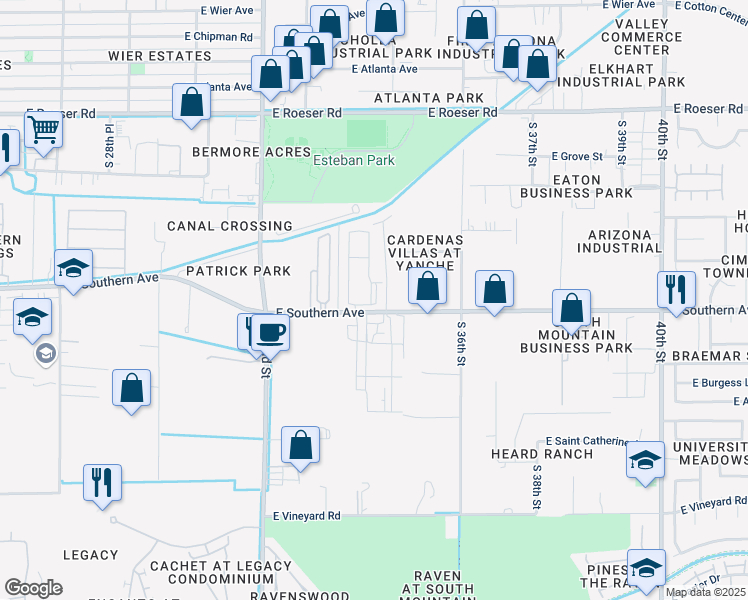 map of restaurants, bars, coffee shops, grocery stores, and more near 3400 East Southern Avenue in Phoenix