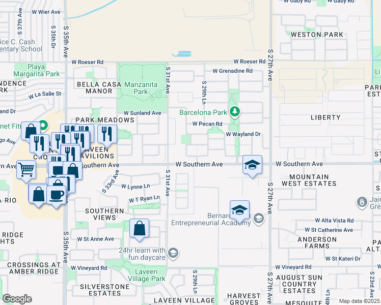 map of restaurants, bars, coffee shops, grocery stores, and more near 3016 West Kowalsky Lane in Phoenix