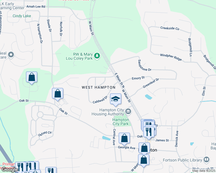 map of restaurants, bars, coffee shops, grocery stores, and more near 20 Porter Court in Hampton