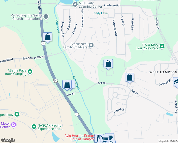 map of restaurants, bars, coffee shops, grocery stores, and more near 1127 Oak Hollow Court in Hampton