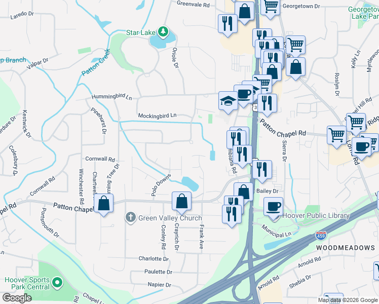 map of restaurants, bars, coffee shops, grocery stores, and more near 3501 Polo Parc Court in Birmingham