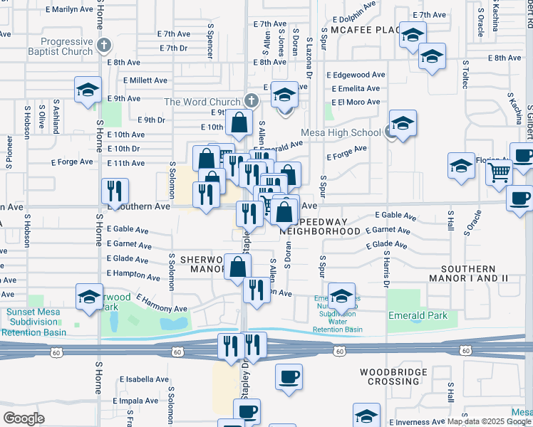 map of restaurants, bars, coffee shops, grocery stores, and more near 1223 East Southern Avenue in Mesa
