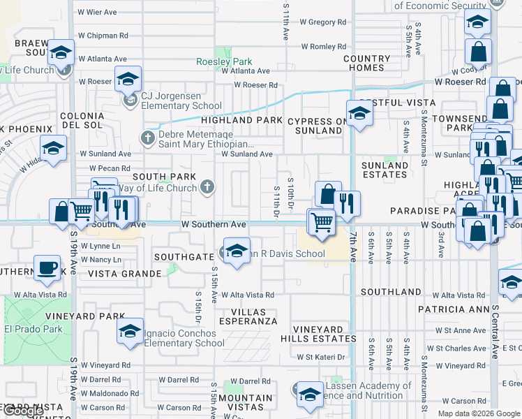 map of restaurants, bars, coffee shops, grocery stores, and more near 1117 West Huntington Drive in Phoenix