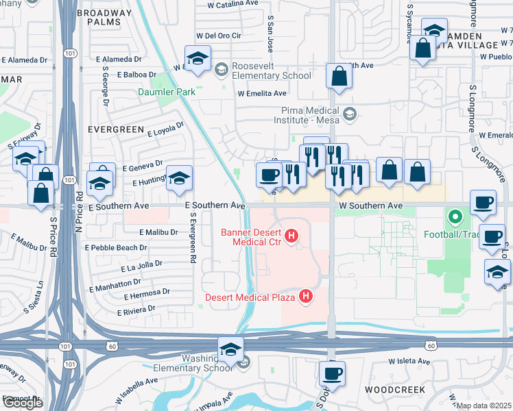 map of restaurants, bars, coffee shops, grocery stores, and more near 2255 West Southern Avenue in Mesa