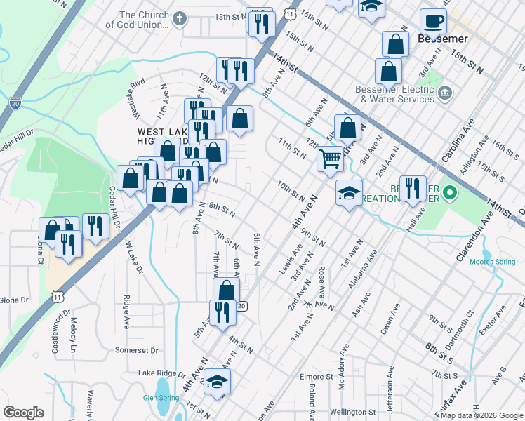 map of restaurants, bars, coffee shops, grocery stores, and more near 825 6th Avenue North in Bessemer