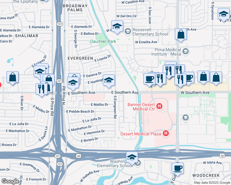 map of restaurants, bars, coffee shops, grocery stores, and more near E Southern Ave & S Evergreen Rd in Tempe
